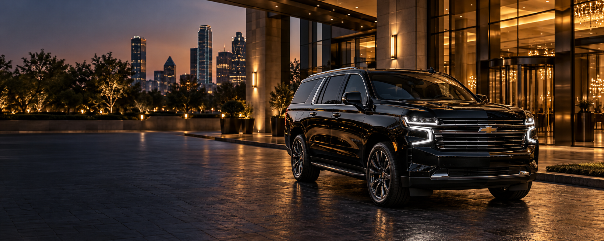 Illustration of a black luxury SUV outside a hotel